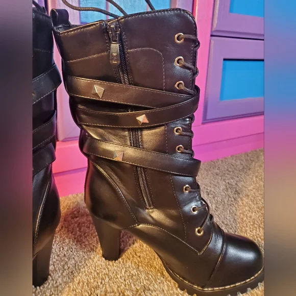 Hot Black Leather Boots Side Zip Buckle Strap Chunky High Heel with Studs Size 8 - Picture 7 of 13